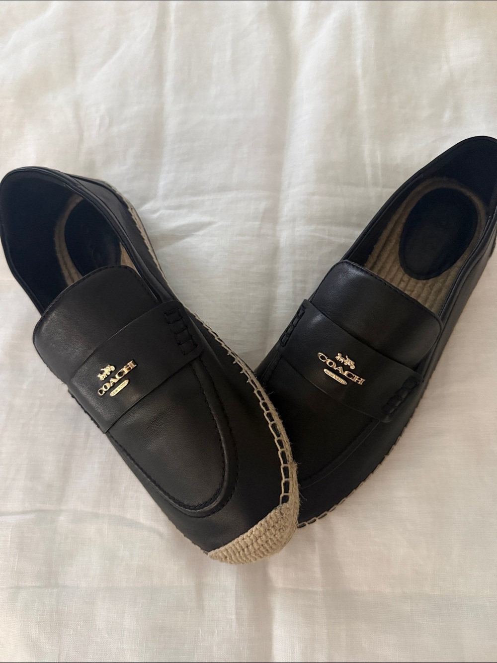 Coach Black Leather Espadrille Loafers with Gold Logo